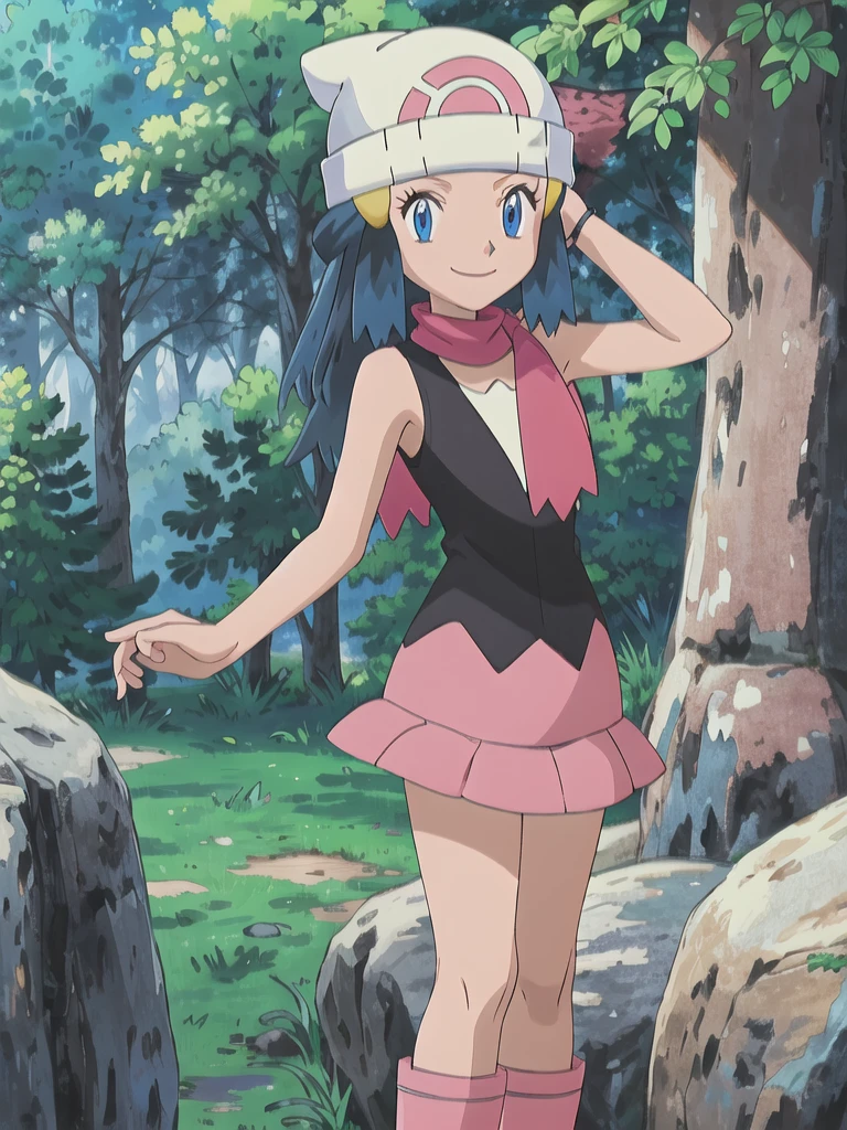 masterpiece, best quality, 1girl, dawn \(pokemon\), beanie, long hair, blue hair, blue eyes, black sleeveless shirt, pink scarf, pink skirt, pink boots, smile, looking at viewer, forest background