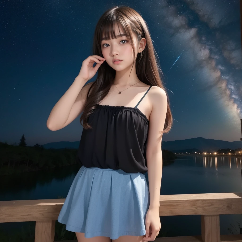 Beautiful images、universe、Fantasy、Shooting start or swarm、Teenage Girl、black eye、Hair length、Starry Sky、Japanese、high school girl、camisole、Fluttering mini skirt、