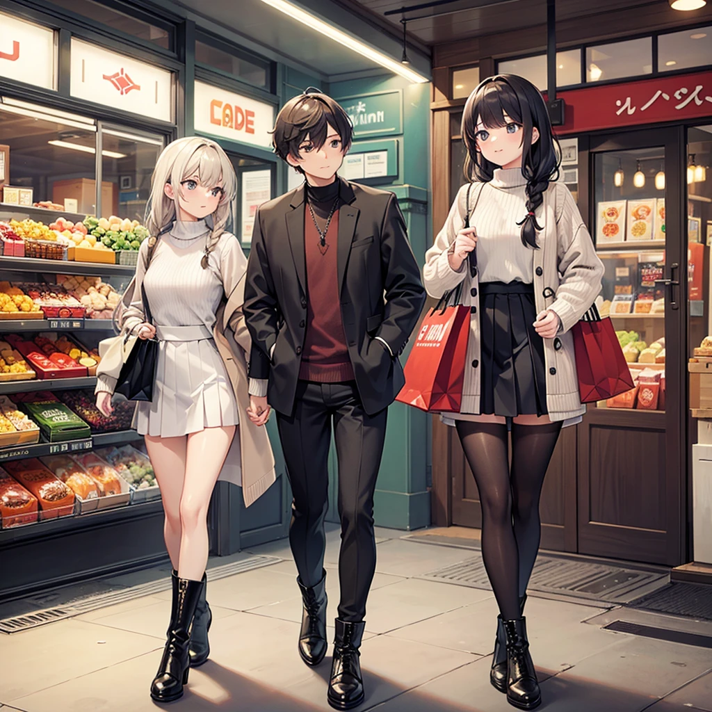 1,There is a male and female couple.
2,The two of them are enjoying shopping.
3,They both look like they're having fun and smiling..
4,The woman is wearing a sexy knit, pleated mini skirt and long boots.。.
5,The men are dressed in normal clothes、Braiding hair。, And he's carrying a woman's shopping bags.
6,The location is in the downtown area in front of the station.. There is a department store.
7,The season is autumn.