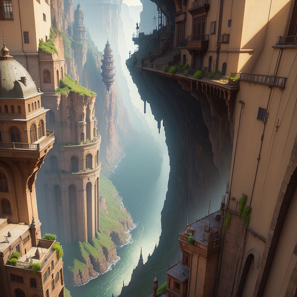 ((masterpiece)),((Highest quality)),((Attention to detail)),((Realistic,))
Industrial City, There is a deep canyon in the middle, Architecture Street, Bazaar, bridge, Wet day, steampunk, European architecture