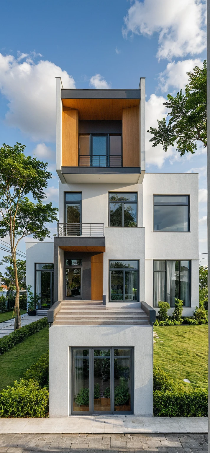 Masterpiece, high quality, best quality, authentic, super detail, outdoors, fourstoreyvillaXL, aiaigroup, house style modern on the street ,stairs, white wall ,road,pavement, grass, trees, sky, cloud, (daylight:1.1)
