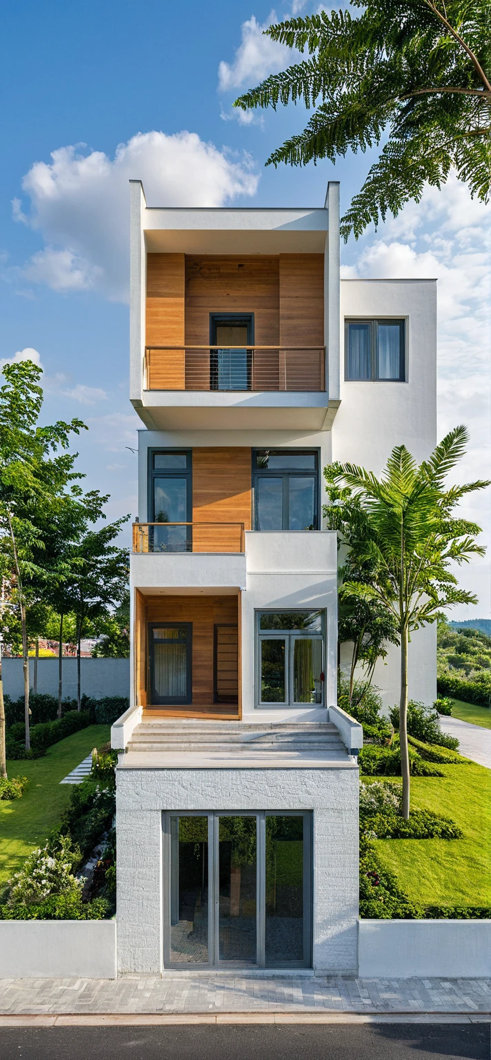 Masterpiece, high quality, best quality, authentic, super detail, outdoors, fourstoreyvillaXL, aiaigroup, house style modern on the street ,stairs, white wall ,road,pavement, grass, trees, sky, cloud, (daylight:1.1)
