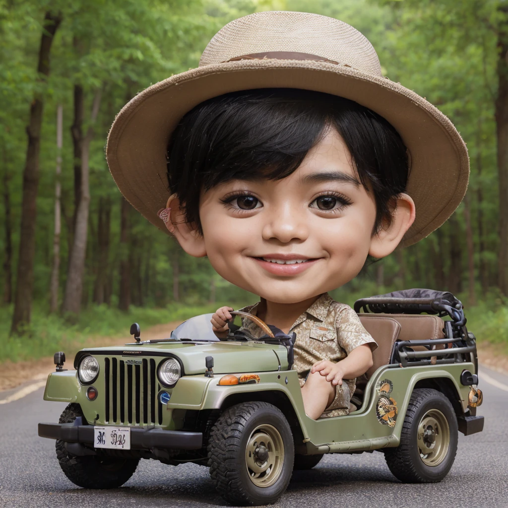 3D realistic caricature photo, a 2 year old ethnic Chinese boy, short and very thin black hair, smiling face, wearing a safari costume and hat, driving a small convertible jeep. forest background.