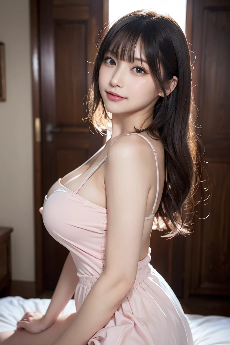 masterpiece, highest quality, 8k,Ultra-high resolution、Head to knee photo、 20th Generation, Large Breasts, cute, alone, Please smile faintly, cute, girly, cute、Delicate girl, Pure beauty, RAW Photos, Professional photography, Soft Light, Professional Lighting, Backlight, avert your eyes, Sophisticated, Film Grain, (Eye and facial details:1.0), Floating Hair、Messy Hair、Wavy long hair、Asymmetrical bangs, Round face、Young Face、(Large Breasts:1.0)、nipple protrusions are clearly visible,、(Grayish pink dress)、Voluptuous thighs、Translucent white skin、dolly make、(Odd Eye、Heterochromia iridis、golden eye silver eye、The irises of the left and right eyes are different colors)