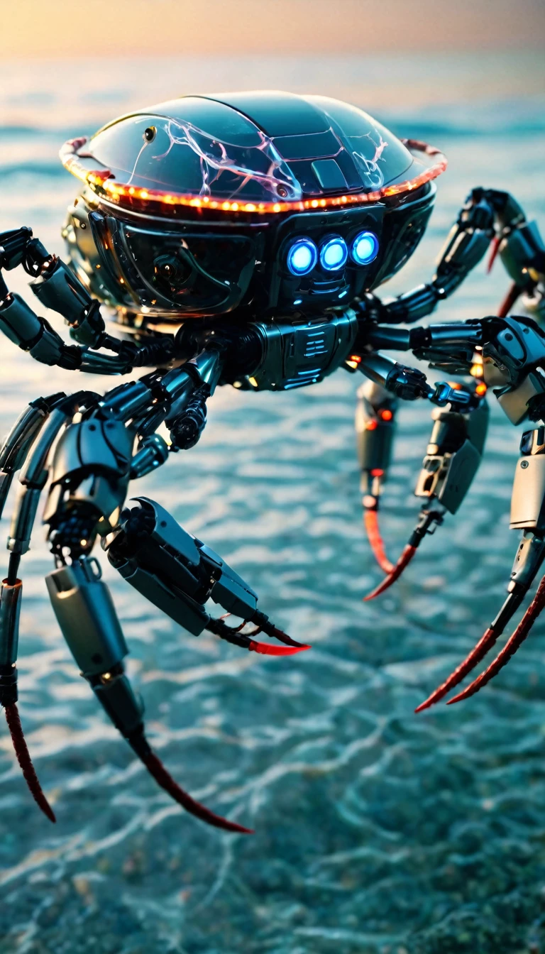Being in the sea Translucent movie stills (Cybernetic robot crab 1.5), (Glowing Veins:1.3) (The cable enters the body, circuit:1.3), Very detailed, Vignette, Very detailed, High budget, Bokeh, Sulky, amazing, nice, Film Grain, granular