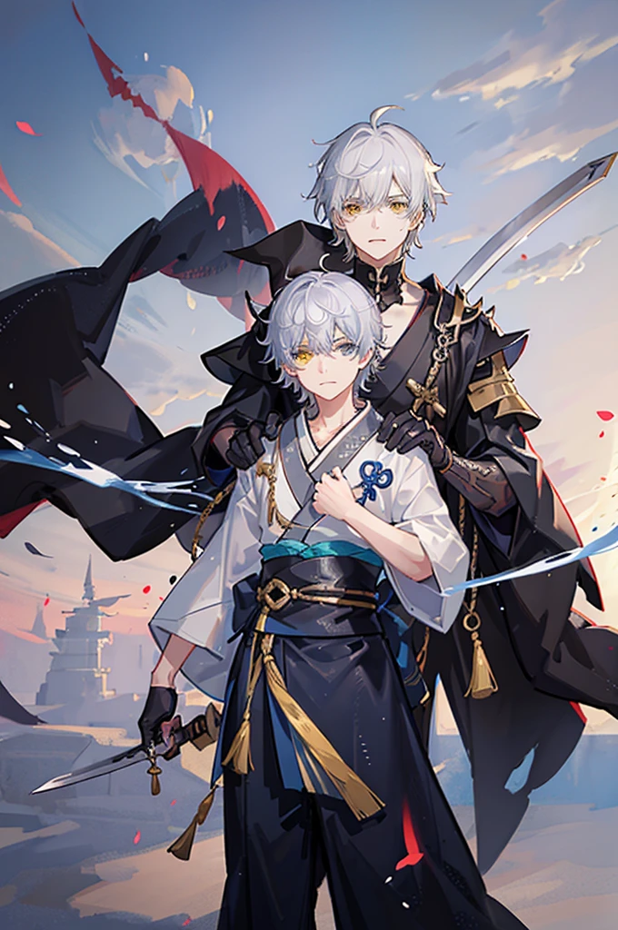 An Epic Battle Scene of a boy around 7 years old with black hair and yellow heterochromia blocking the sword of a boy with silver hair and a blue kimono.