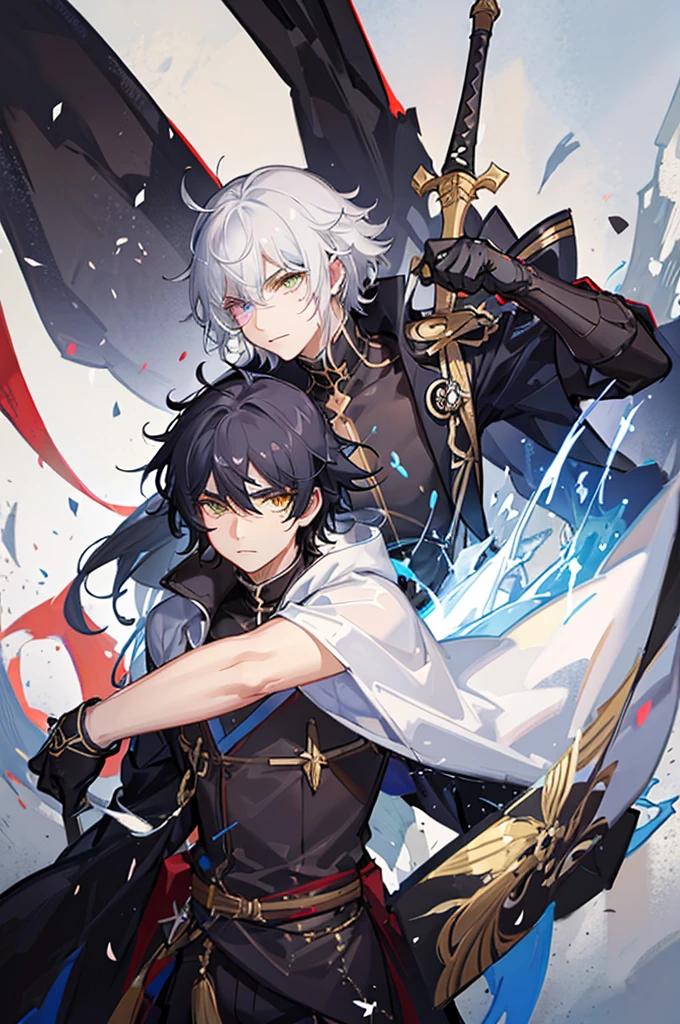 An Epic Battle Scene of a boy around 7 years old with black hair and yellow heterochromia blocking the sword of a boy with silver hair and a blue kimono.