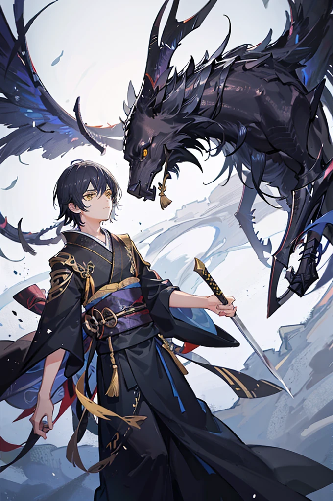 An Epic Battle Scene of a boy around 7 years old with black hair and yellow heterochromia blocking the sword of a boy with silver hair and a blue kimono.
