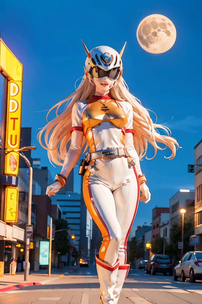 (Masterpiece, 4K resolution, ultra-realistic, highly detailed), (White costume superhero theme, charismatic, girl on top of the city, wearing white Spider-Man costume, superheroine), [((23 years old), (long white hair:1.2), full-body, (blue eyes:1.2), (Spider-Man dynamic poses) ((gritty urban environment):0.8)| (urban landscape, nighttime, dynamic lights), (full moon))]., power suit, powerranger, suit, spd, (Power ranger suit), gold detail, masked, chibi, blind box,