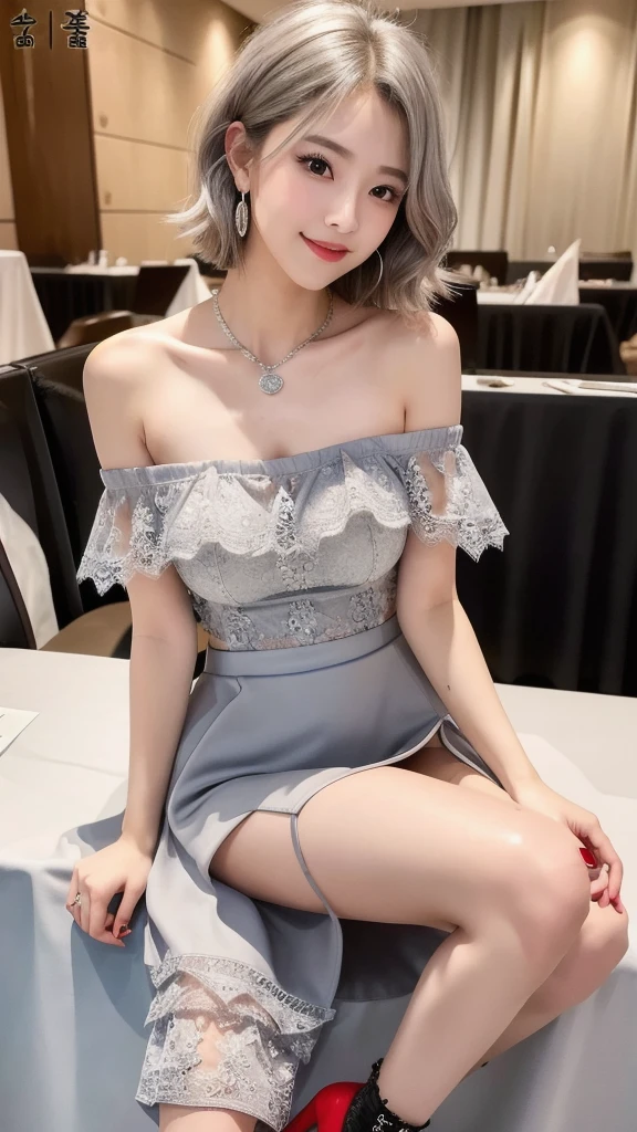 (8K, Photorealistic, Raw photo, Highest quality: 1.4),Japanese idol-style beautiful girl,1 person,20-year-old,(Short Bob),(Silver Hair :1.2),(Natural Waves),She has her hair tucked behind her ears,Clear grey eyes,Long eyelashes,(piercings(small)),(Lip gloss(red)),lips(Plump,glossy),thin long neck,necklace,ring,thin abdomen,(Off-the-shoulder dress((Long Length(Length to calf, covering thigh :1.3)),(Lace embroidery),(Layered),(fluffy skirt))),High heels,Small pouch,Large hotel party hall,Stand-up buffet,A large number of people(Woman in a dress)Background of the gathering,Smiling at the camera,Full body portrait