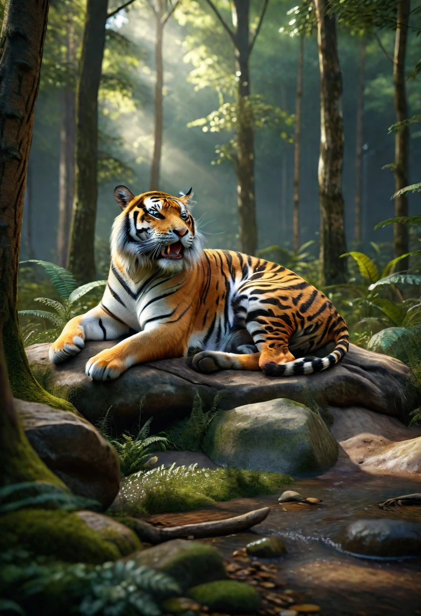 There is a wild beast in the forest，tiger shape，The tail of the cow（best quality，4K，8K，High level，masterpiece：1.2），Ultra Detailed，（lifelike，Photo real，Photo real：1.37），Highly detailed animals，Realistic lighting，Fantasy Creatures