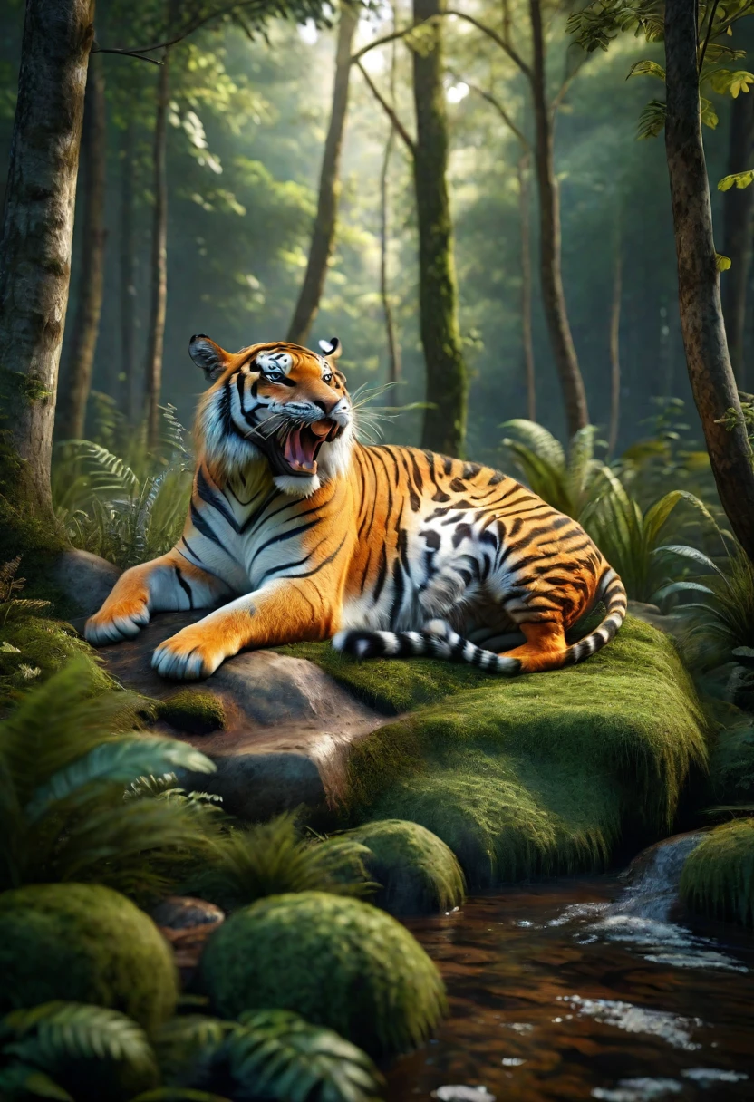 There is a wild beast in the forest,tiger shape,The tail of the cow(best quality,4K,8K,High level,masterpiece:1.2),Ultra Detailed,(lifelike,Photo real,Photo real:1.37),Highly detailed animals,Realistic lighting,Fantasy Creatures