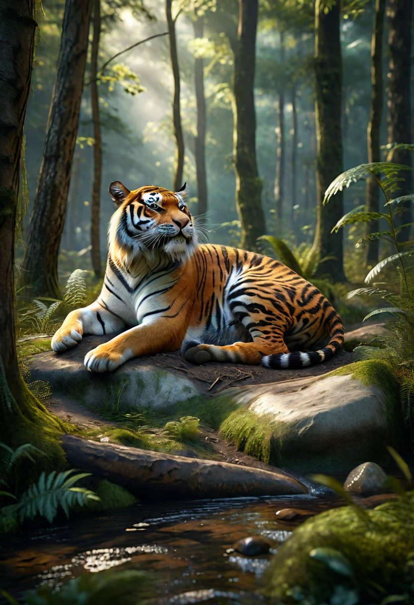 There is a wild beast in the forest，tiger shape，The tail of the cow（best quality，4K，8K，High level，masterpiece：1.2），Ultra Detailed，（lifelike，Photo real，Photo real：1.37），Highly detailed animals，Realistic lighting，Fantasy Creatures