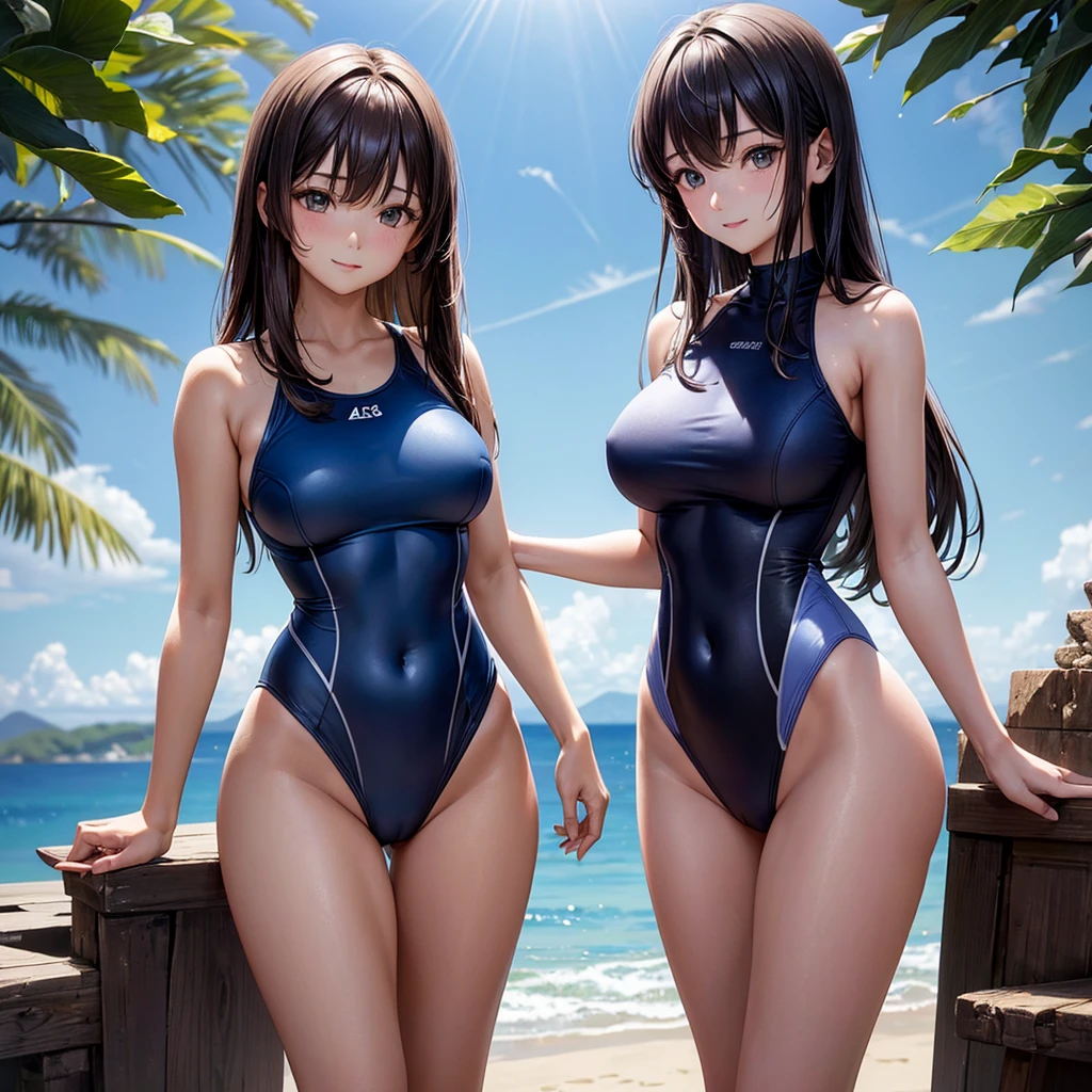 (4K,masterpiece,Highest quality),Browsing Caution,(Buckshot),Medium Shot,Outdoor,No items,No objection,Bobcut,Long Hair,Brown Hair,Detailed face,A light smile,shy,no nostrils,(Two Japanese women standing side by side),(Age 35):1.2,Slender body,Detailed skin,Large Breasts,Beautiful Hips,(Close-fitting deep blue compression one-piece swimsuit):1.2,Wet,(Accentuate your body lines):1.2,