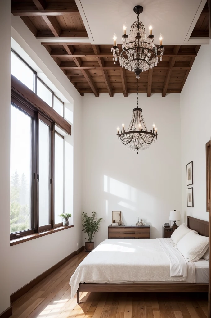 make a room with whitewashed walls, dark floor in the rest of the house. There is a simple walnut bed beneath a shuttered window on the opposite wall., a chandelier on the ceiling