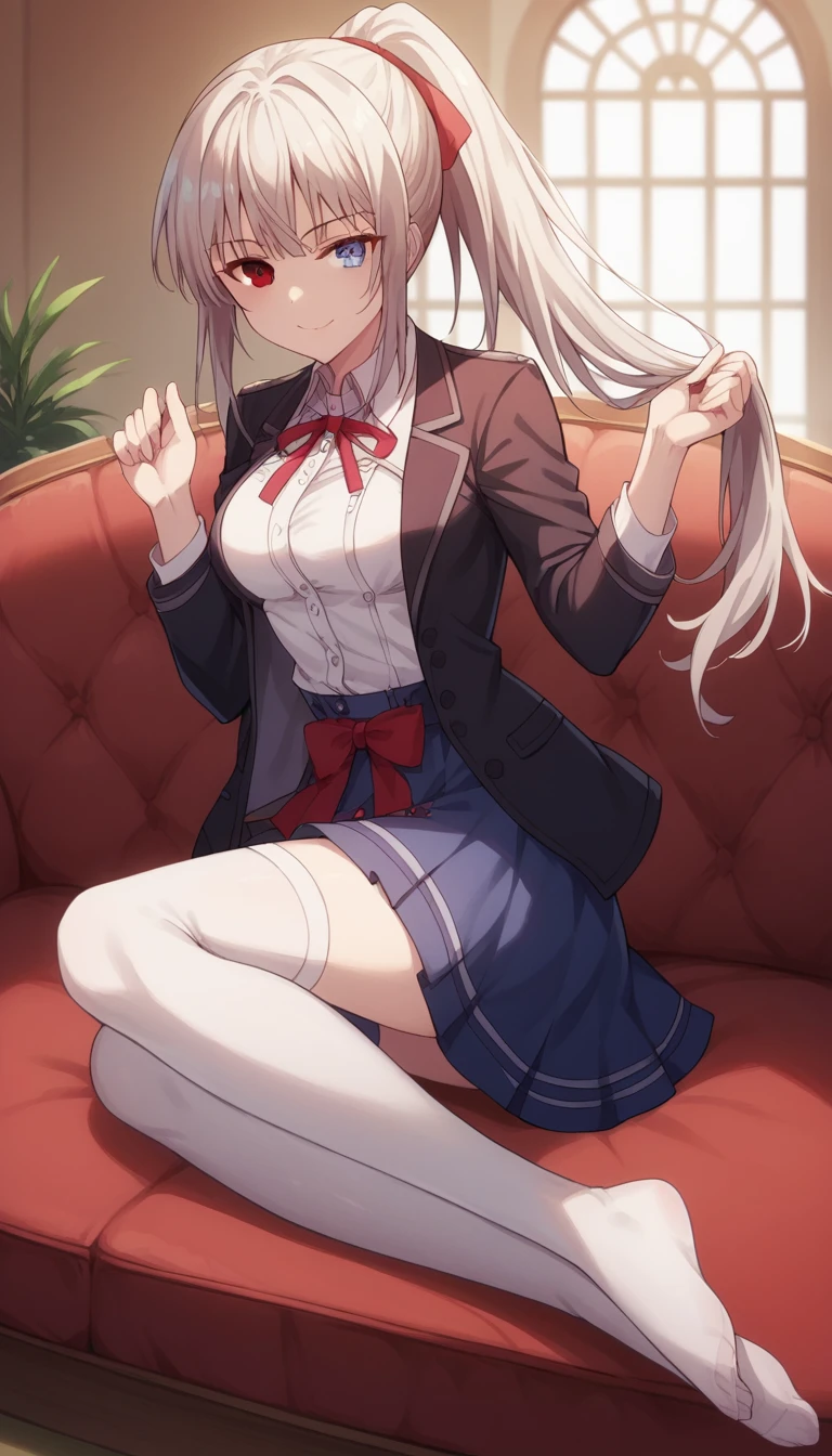 1girl, solo, full length, long hair, hair pulled back into a ponytail, medium breasts, looking at viewer, legs, hand, bangs, smile, heterochromia, red eyes, blue eyes, lying, arrogant smile, legs, stockings, indoors, black blazer, white shirt, shirt under jacket, blue skirt, short skirt, red ribbon, white stockings, shoulders, hands up best quality, detailed, 