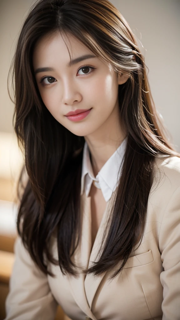 table top, highest quality, realistic, Super detailed, finely, High resolution, 8k wallpaper, 1 beautiful woman,, light brown messy hair, wearing a business suit, sharp focus, perfect dynamic composition, finelyて美しい目, thin hair, Detailed and realistic skin texture, smile, close-up portrait, model body shape