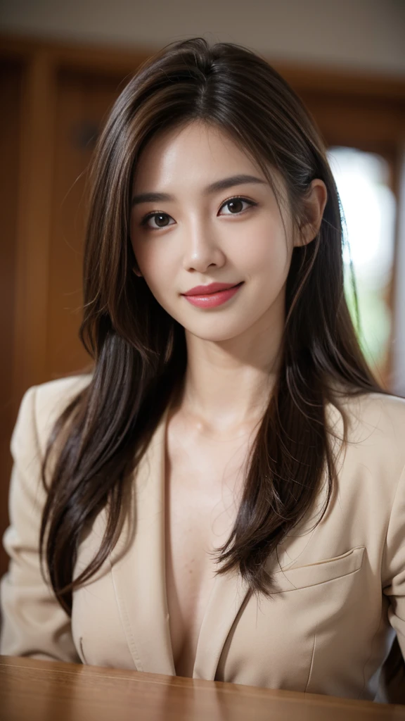 Tabletop, highest quality, Realistic, Very detailed, In detail, High resolution, 8k wallpaper, 1. Beautiful Women,, Light brown messy hair, Wearing a business suit, Sharp focus, Fully dynamic configuration, Beautiful and delicate eyes, Detailed Hair, Delicate and realistic skin texture, Laughter, Close-up portrait, Model Body Type