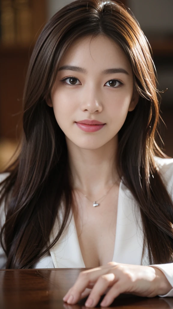 table top, highest quality, realistic, Super detailed, finely, High resolution, 8k wallpaper, 1 beautiful woman,, light brown messy hair, wearing a business suit, sharp focus, perfect dynamic composition, finelyて美しい目, thin hair, Detailed and realistic skin texture, smile, close-up portrait, model body shape