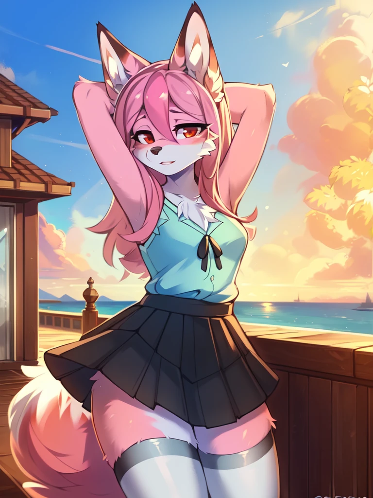 from Kenketa, Ross Tran, Ruan Jia, mumps, Foxovh, от zackary911, от Hyattlen, on a terrace, by Fumiko, от Pixelsketcher, by Bayard Wu, Thomas Benjamin Kennington, from Einshelm, from Kilina, by Coffeesoda, from Hyoshiru, from down-kevlar, от r-mk, by Dimwitdog, fluffy, Nazuna_hiwatasi, antro, Female, One, standing, mocking look, (half-closed eyes), pink hair, pink tail, (white for girls, blues skirt, high stockings), (Red eyes), I look at the viewer, (Medium breasts, hips), (Fox), (hands above head), (pink body, two-tone fur)