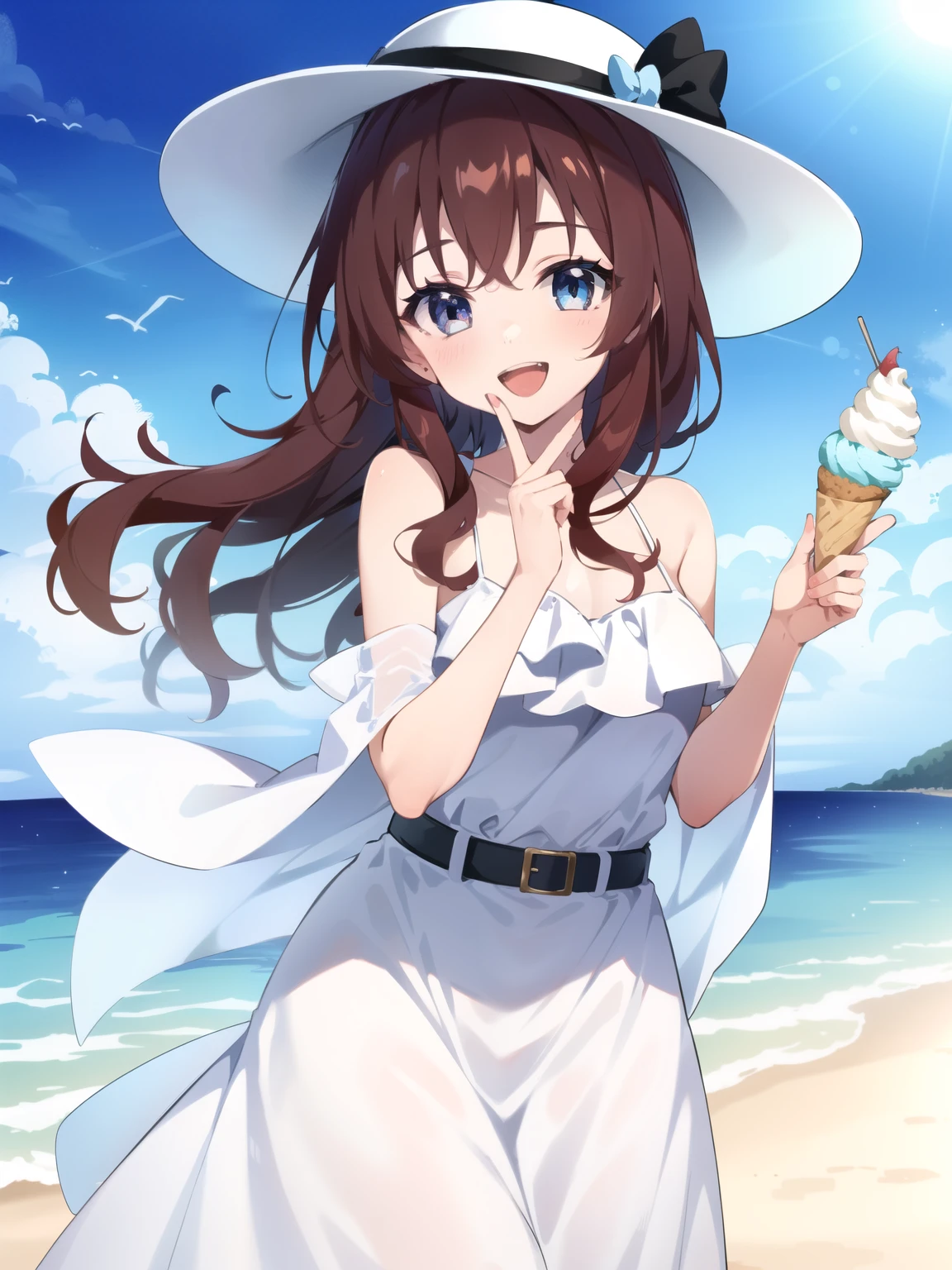 (Masterpiece, best quality:1.2), 1girl, 18 years old, white dress, white gown, intricate pattern, fabric wrap belt, bow, :D, happy, holding 1 ice cream, sun hat, beach background, blue sapphire eyes, wide sleeves, perfect hand