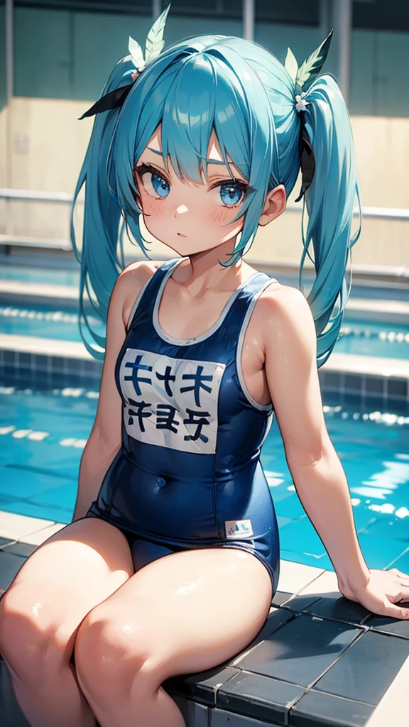 9 years old,Blue hair color,Twin tails,Blue Eyes,Light green feather hair accessory,School Swimsuit,Pool