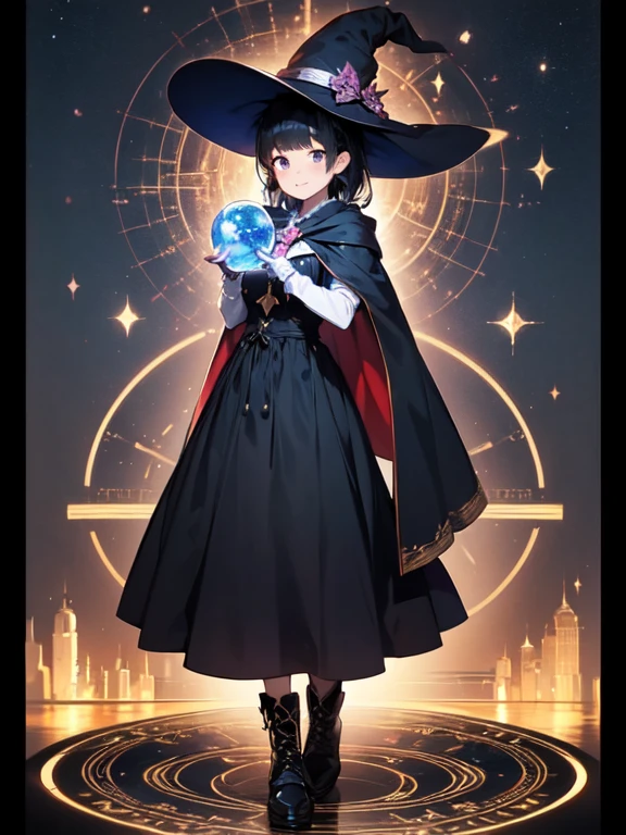 (masterpiece, Highest quality:1.1), (astrologer), 1 Girl, alone, witch hat, gloves, dress, Black Costume、(Long skirt)、Frills, boots, Cape,  witch, Blunt bangs, Black Hair, Crystal Ball, magic circle, Shining Star, meteor, universe, magical energy, Vision of the future, Prophecy,