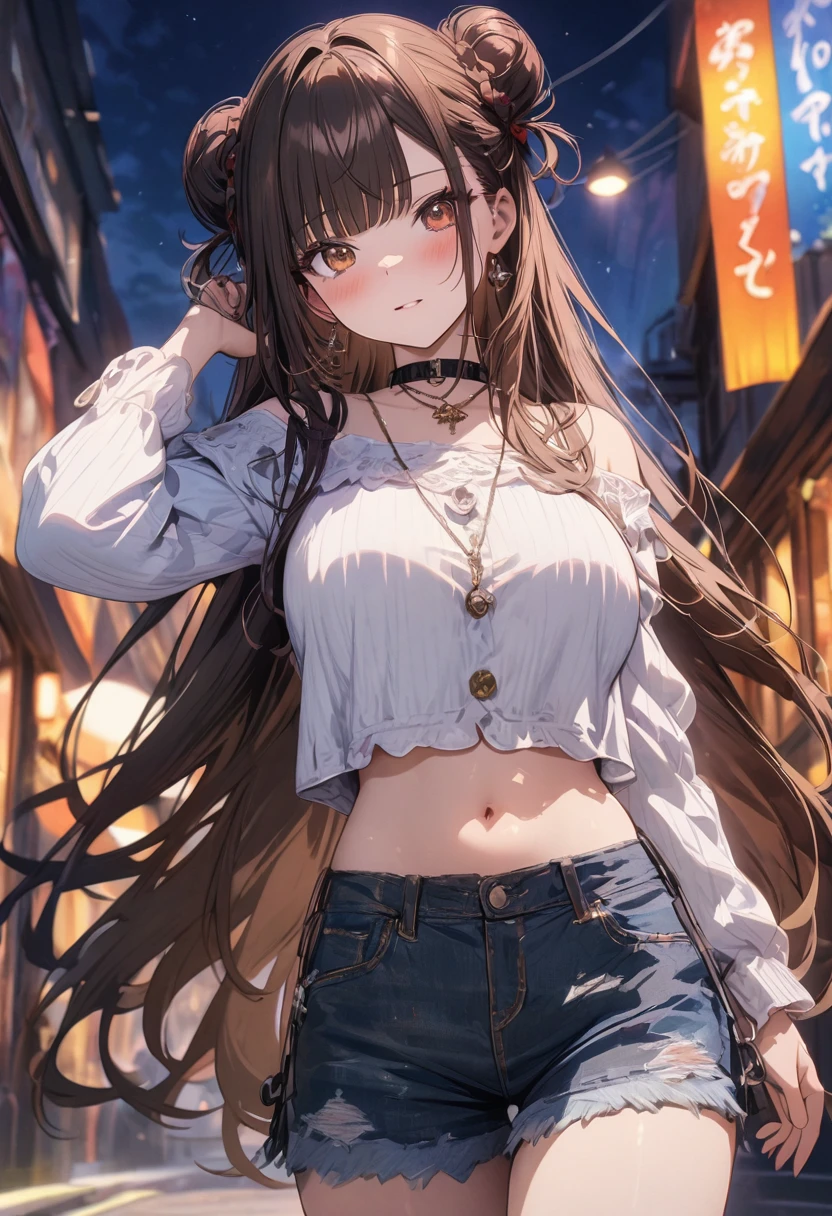(masterpiece), best quality, very aesthetic, newest, absurdres, detailed, high quality
BREAK
highest quality, top quality, details, highres, ultra fine painting, digital art, official art, cinematic, 4k, 8k resolution, 8K CG wallpaper, CG, original artwork, detailed background, colorful background, blue atmosphere, High Dynamic Range, blurry background, blue hour, Starburst effects, crepuscular rays, good ISO, high resolution, wide shot, from far away, RAW photo, POV, sharp focus, light reflection, reflections, intricate details, soft light, particle noise, professional photography, bokeh, depth of field, natural lighting, vibrant colors, looking away, detailed lights and shadows, stylish, ultra-detailed, top rated on Pixiv, trending on Artstation, niji style, modern-days, master crafted, pose
BREAK
solo, (close up), 1girl, pale skin, correct fingers, detailed hand, (big breasts:1.2), big thighs, small torso, short body, flushtered, shy, blush, anxious expression, embarassed, embarassed act, casual, slim, ((cute, childlike face):1.3), nice hips, nice body, brown hair, (very long flowing hair), (big 2 buns hairstyle)), long bangs, long hair, middle hair bangs, brown eyes
BREAK
(loose-fitting crop shirt, long sleeve, denim shorts, choker, casual wear style, tummy skin, belly button, modern fashion)
BREAK
Empty streets background, anime background, quiet street, street lamps, sky