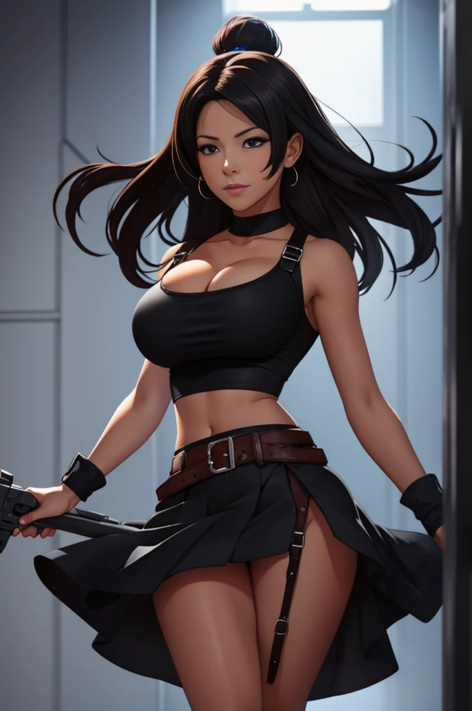 Tifa Lockheart, white crop top, short black skirt, large breasts, skindentation, cleavage, lifted skirt, black thong, skirtlift