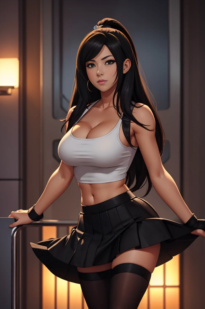 Tifa Lockheart, white crop top, short black skirt, large breasts, skindentation, cleavage, lifted skirt, black thong, skirtlift