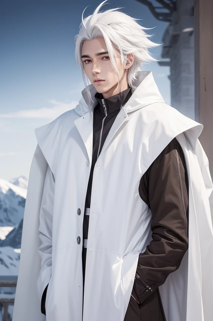 20 year old man 1,97 tall. Long sloppy white hair, wears white overcoat, half wolf with wolf ears. athletic, brown skin. anime art style