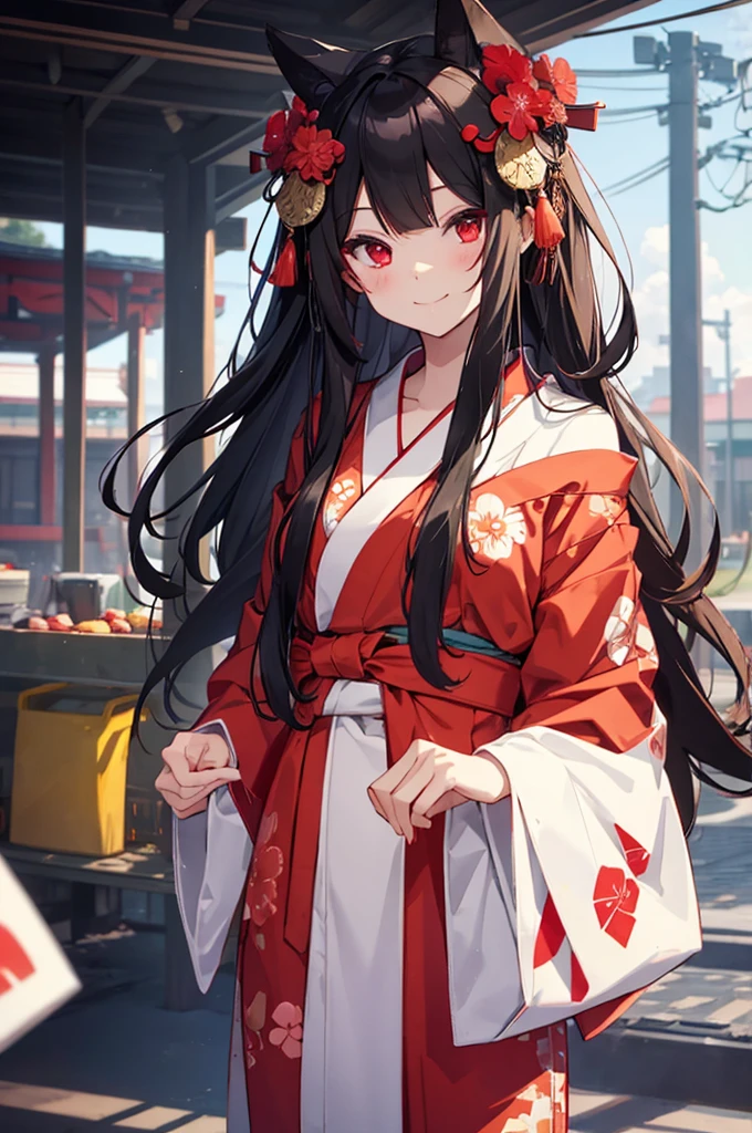 I am a beautiful girl. Wears a red yukata, has long black hair, and has red eyes. I has a mask on my head. Smiling looks at the camera slyly and disdainfully.