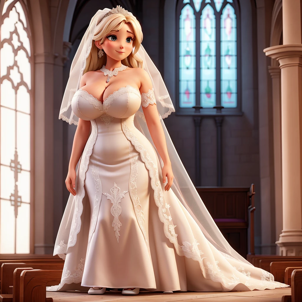 Woman with huge breasts wearing lace wedding dress with sexy neckline in church