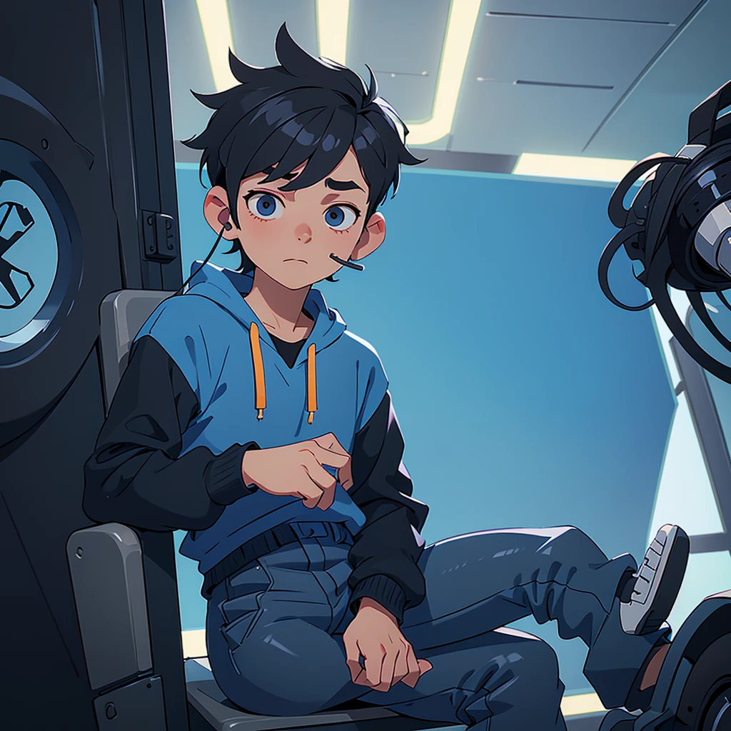 Boy with tired eyes, with black hair, a pair of blue pants, with a headset, in a school