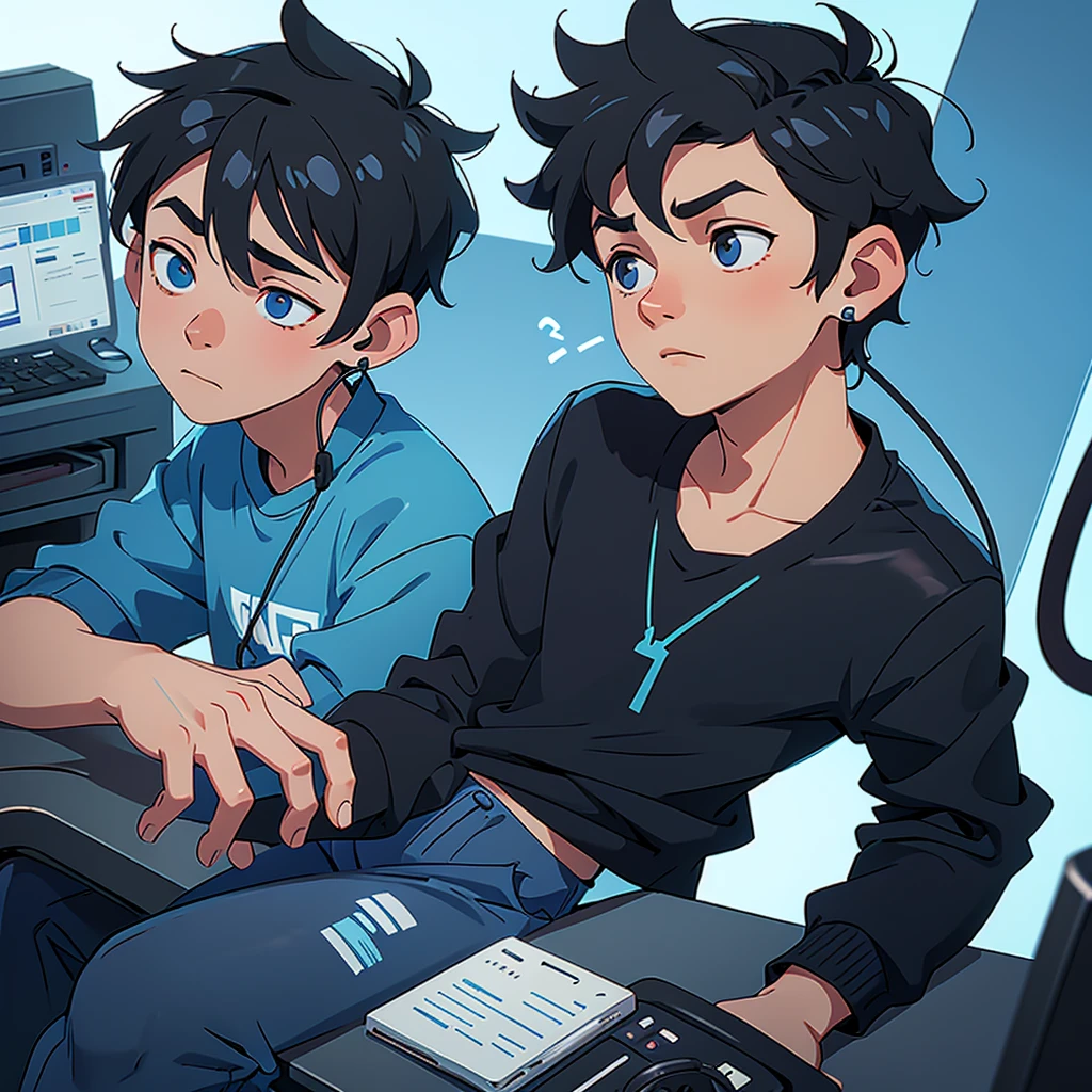 Boy with tired eyes, with black hair, a pair of blue pants, with a headset, in a school