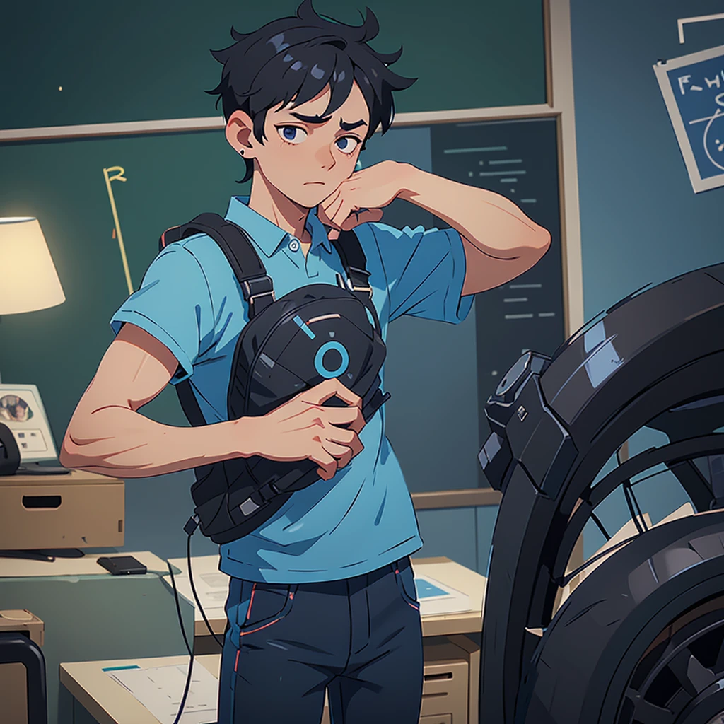 Boy with tired eyes, with black hair, a pair of blue pants, with a headset, in a school