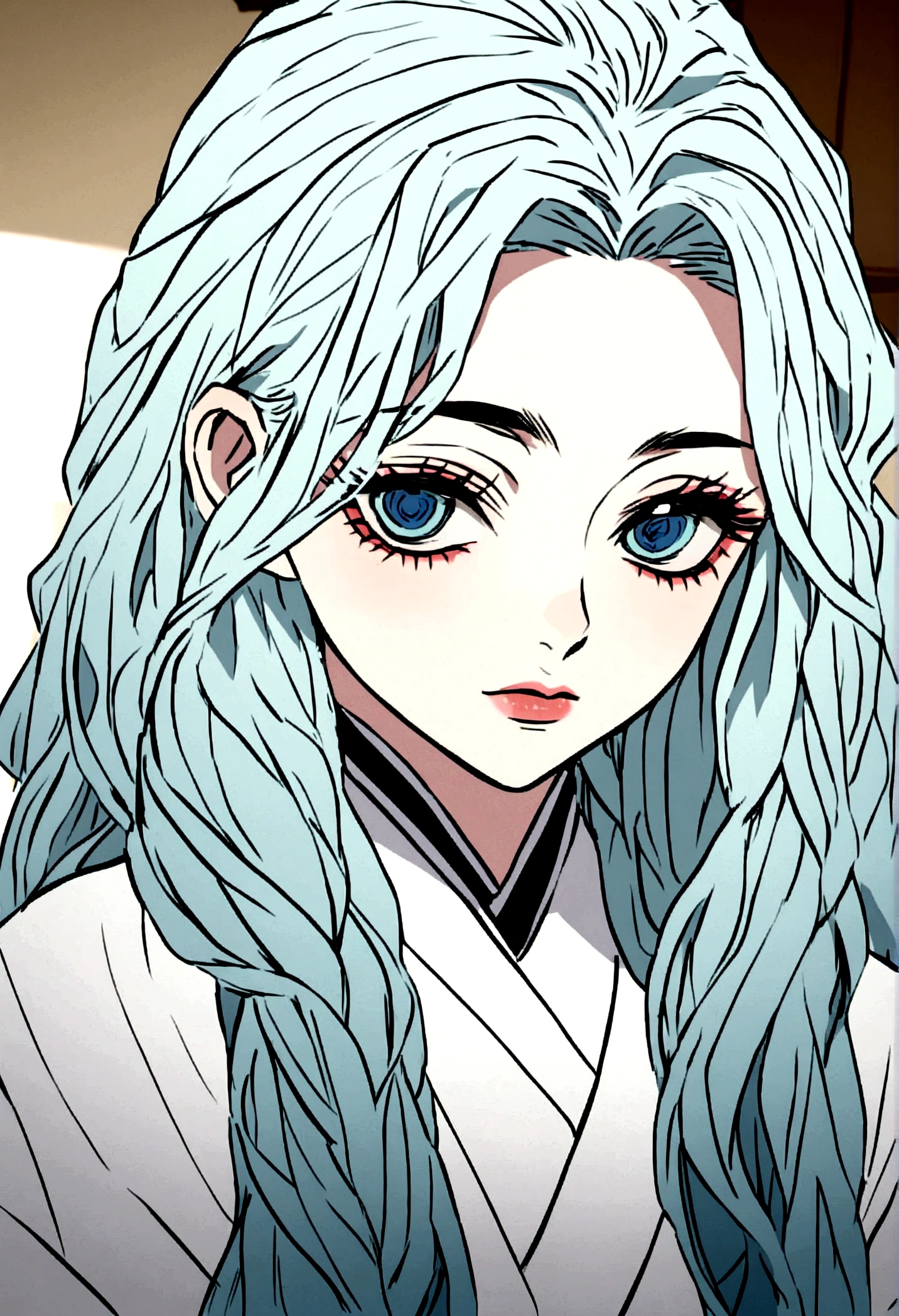 Screenshot of Kimetsu no Yaiba, White hairedwoman, light blue eyes,long hair