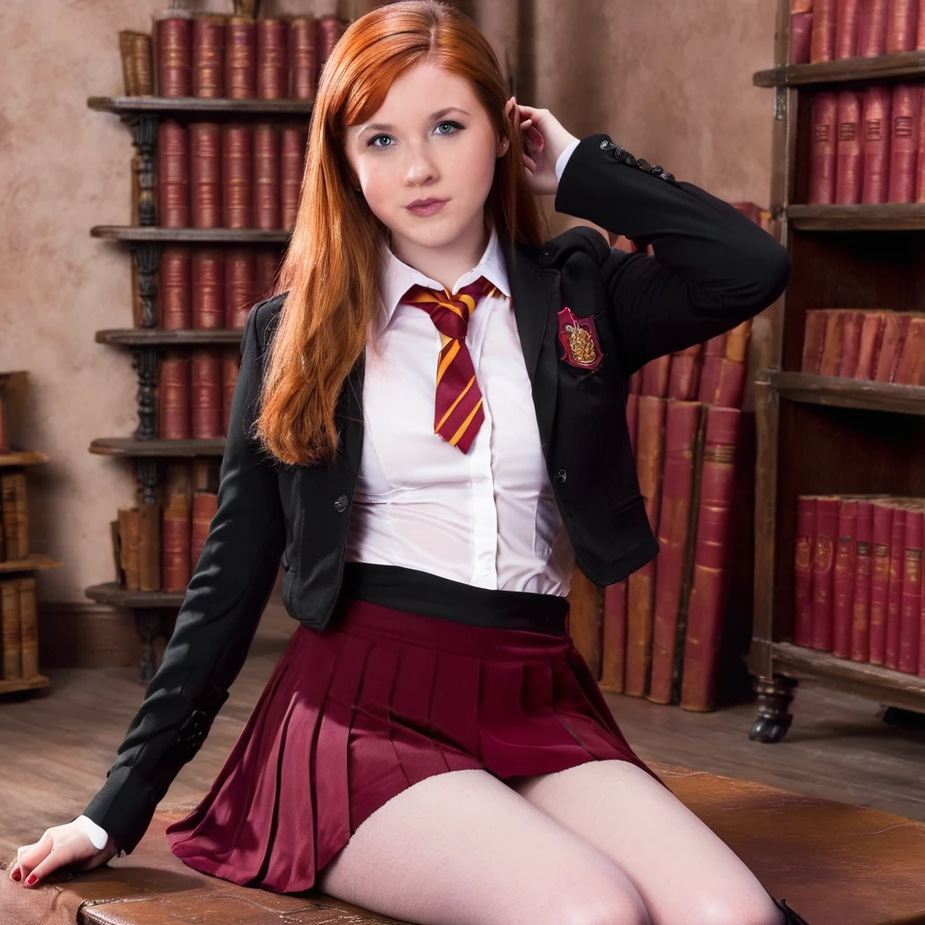 nsfw 21 year old Ginny_Weasley, gryffindor uniform, revealing clothing, exposed breasts, legs apart revealing underwear, dominatrix, strict sassy pose, sensual masterpiece, 8k, hi-res, award winning, (highest quailty:1.5), erotic girl, hogwarts