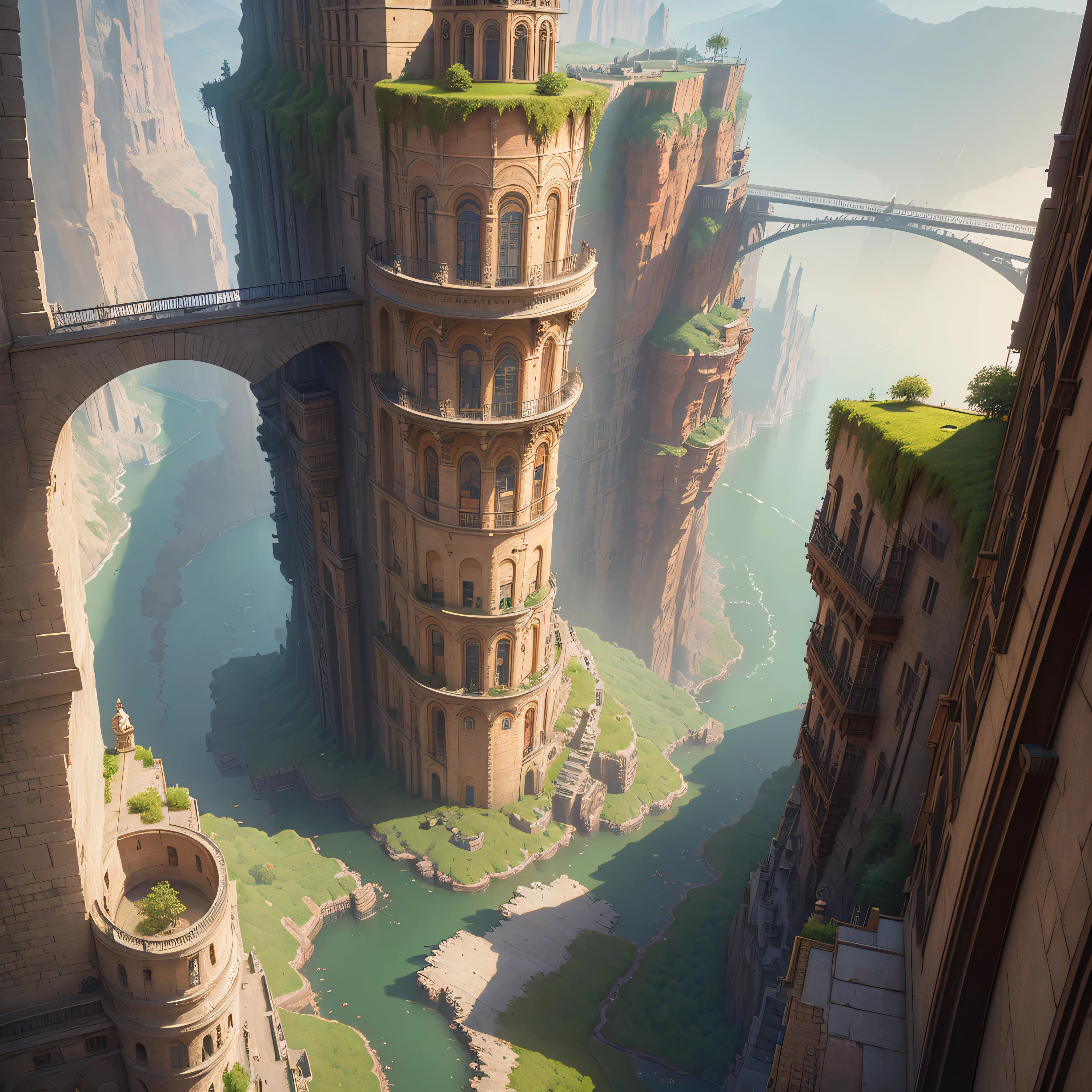 ((masterpiece)),((Highest quality)),((Attention to detail)),((Realistic,))
Industrial City, There is a deep canyon in the middle, Architecture Street, Bazaar, bridge, Wet day, steampunk, European architecture