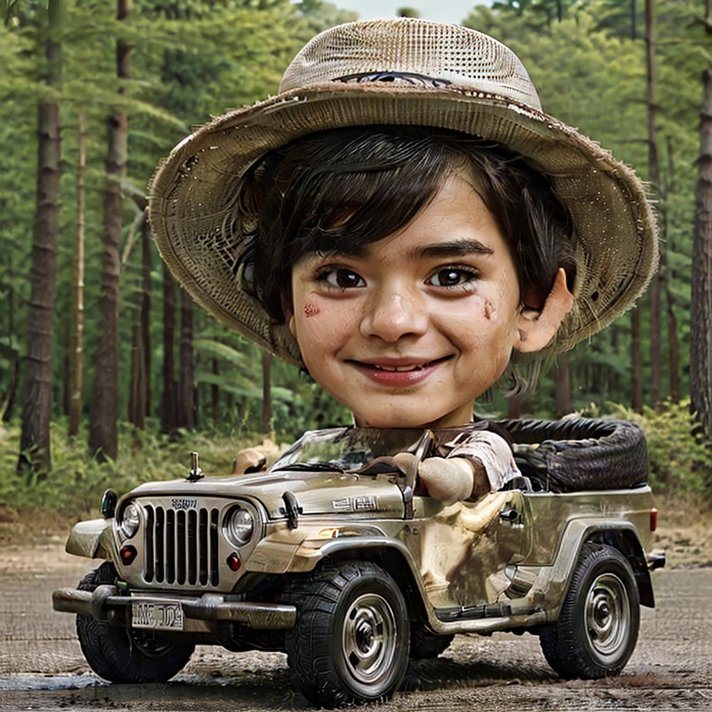 3D realistic caricature photo, 2 year old ethnic Chinese baby boy, thin and short hair, chubby cheeks, smiling face, wearing a safari costume and hat, driving a small convertible jeep. forest background