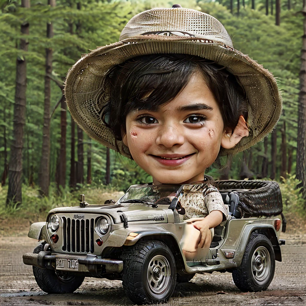 3D realistic caricature photo, a 2 year old ethnic Chinese boy, short and very thin black hair, smiling face, wearing a safari costume and hat, driving a small convertible jeep. forest background.