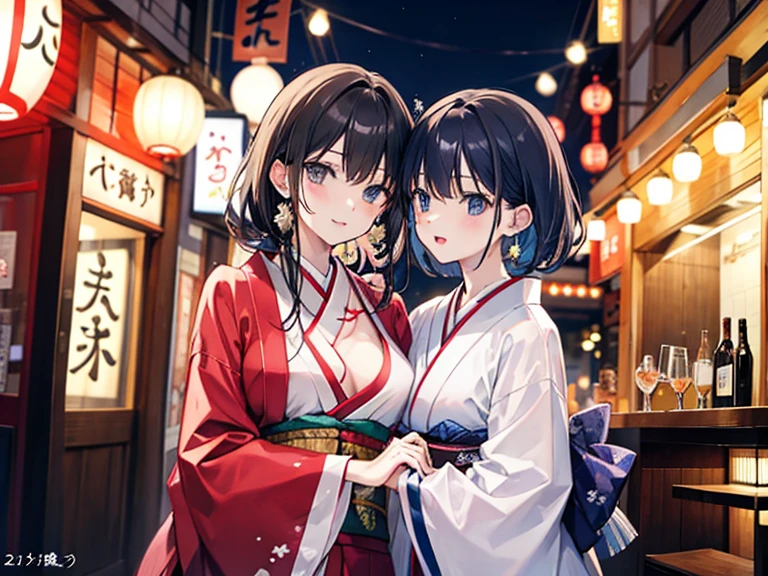 Two women hugging，Japanese clothing，Bar district，Unbuttoned，I'm drunk，Midnight，Adult atmosphere，Change of clothes，Enchanted