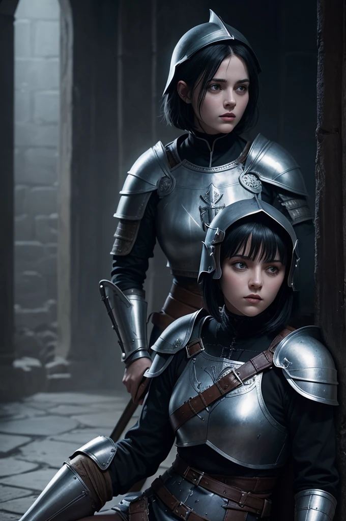 Realistic illustration of Joan of Arc short black hair sitting with helmet on her feet medieval dark fantasy style inspired by Xena the warrior princess, gothic gloomy atmosphere blue lighting