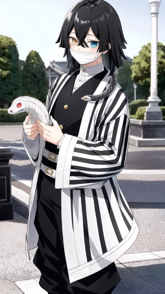 1boy, snake, heterochromia, black hair, male focus, snake, tree, yellow eyes, outdoors, blue eyes, japanese clothes, black pants, hair between eyes, wide sleeves, long sleeves, sky, demon slayer uniform, striped jacket, bangs, iguro obanai, upper body, red eyes, cloudy sky, long hair, anime screencap, anime coloring, standing, full body,