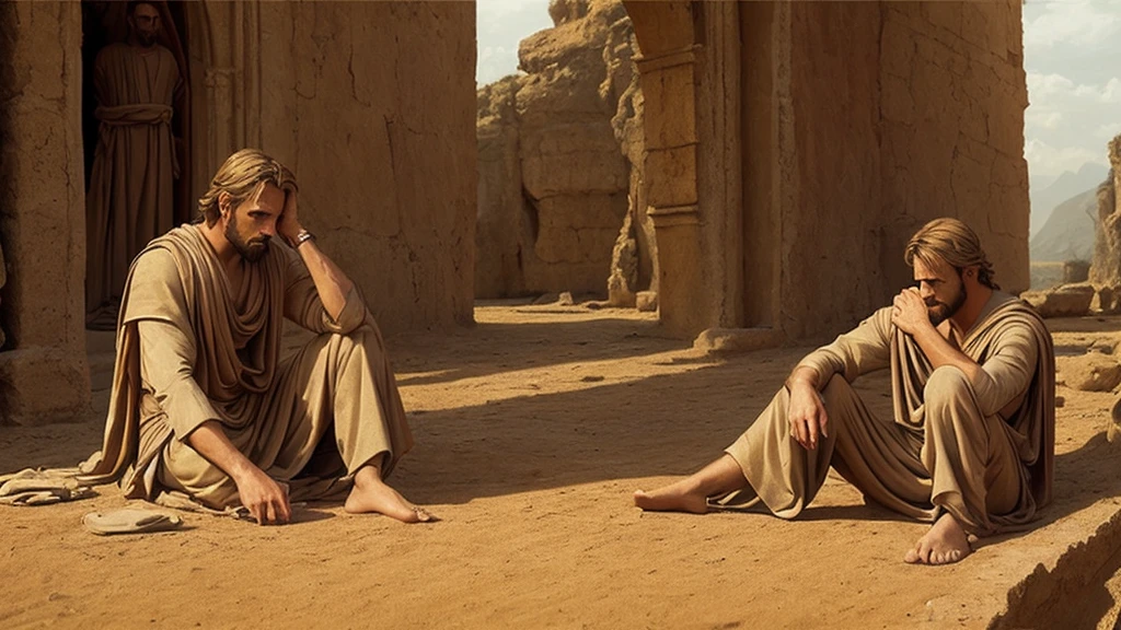 Cinematic and realistic scene of Pilate reflecting on his decisions, Lonely scenario, Pilate&#39;s thoughtful expression, late afternoon light that casts long shadows, dark and introspective atmosphere, detailed period clothing
