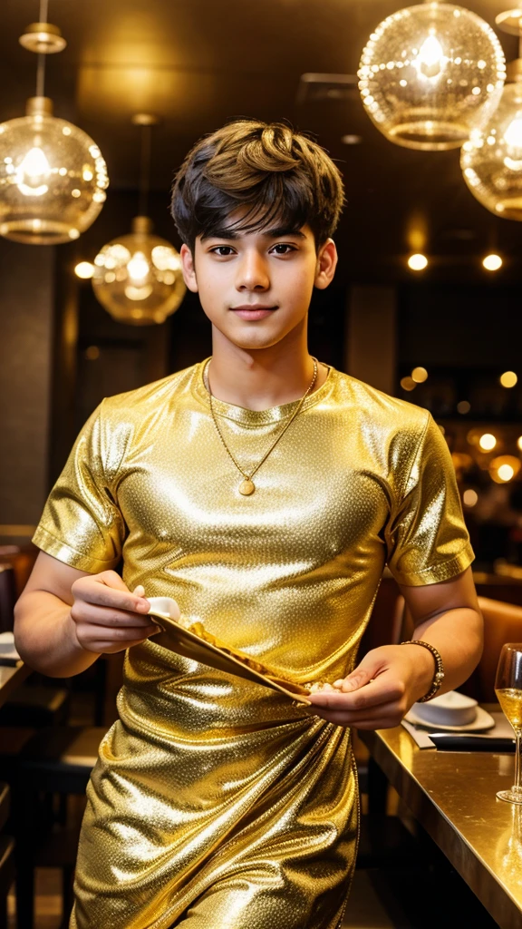 A boy age 25 who is celebrating his birthday in a restaurant wearing golden dress.
