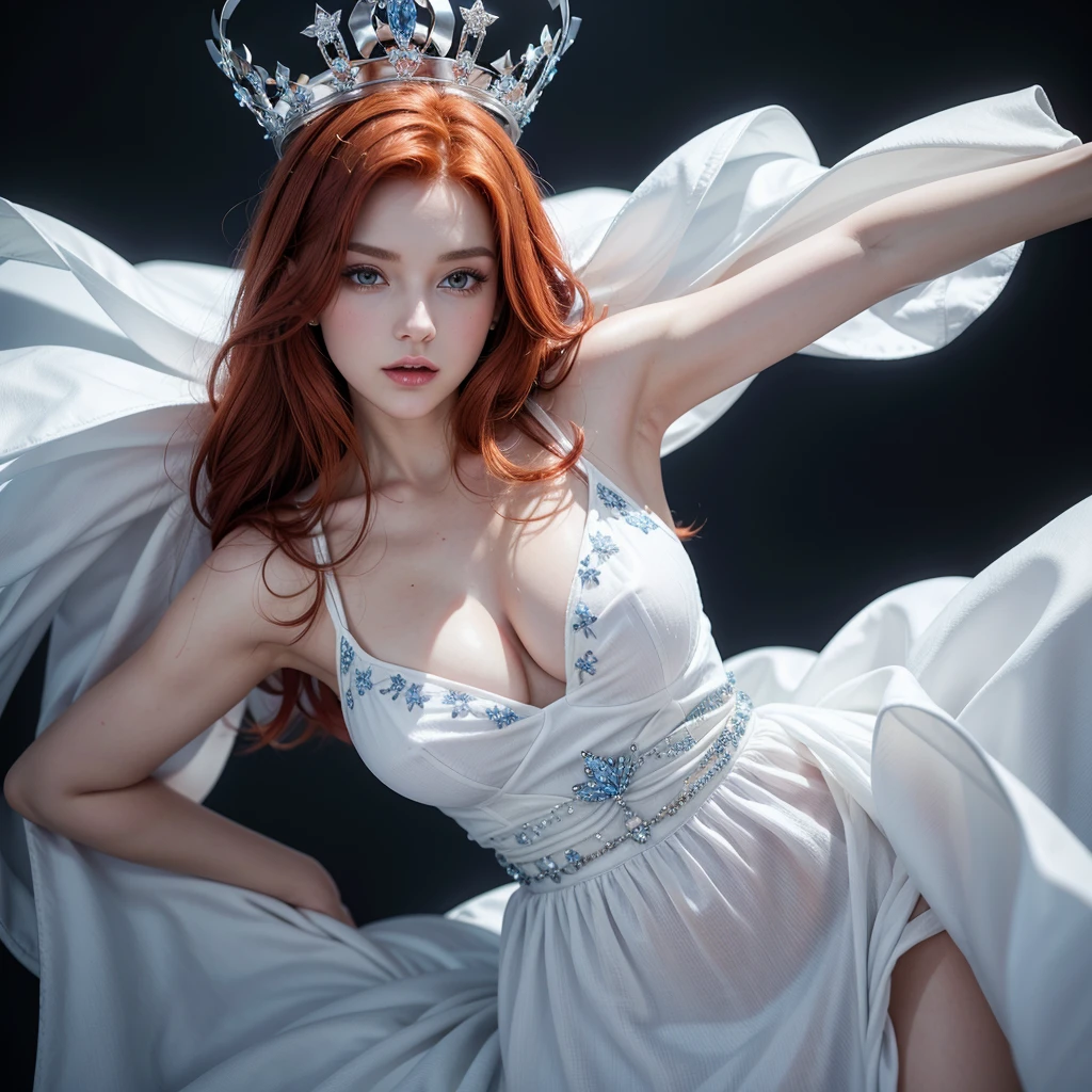 create a redhead hot queen with big in a white dress with blue details and a white crown with small diamonds. fully body