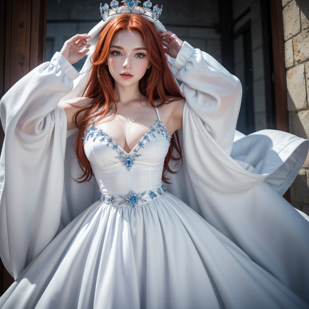 create a redhead hot queen with big in a white dress with blue details and a white crown with small diamonds. fully body