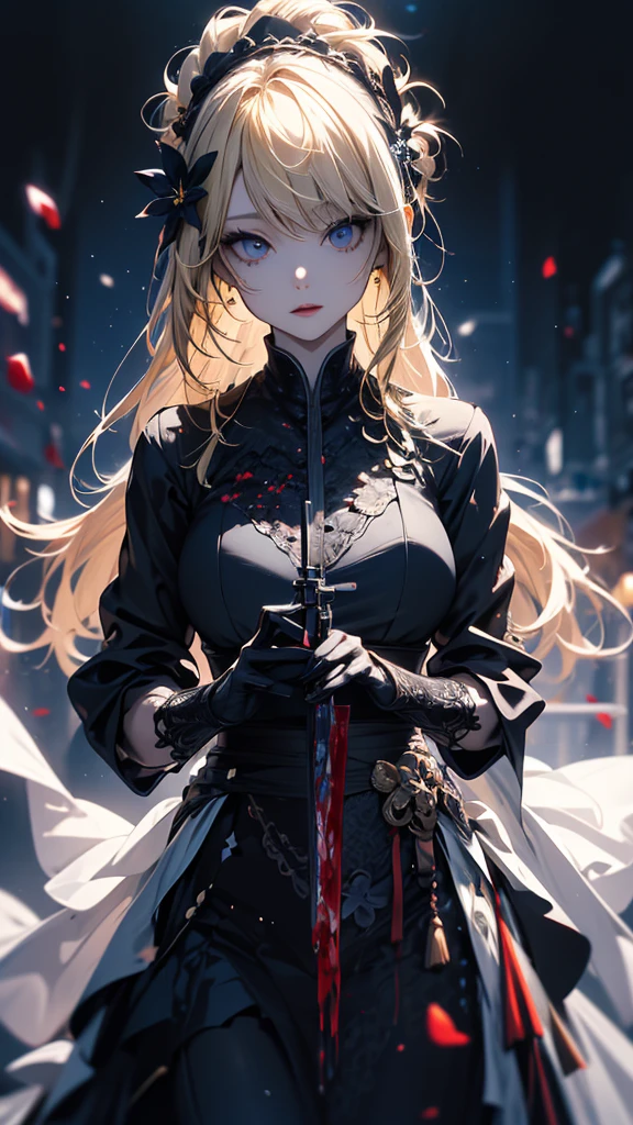 masterpiece, high quality, 4K, Beautiful design, silhouette,blonde, 非常に詳細な夜のStarry Sky,Flower Field, wonderful, Finer details, Very knowledgeable woman, Highly detailed solo, 1 female,Big Breasts,All-white Gothic ta fashion,Firearms equipment,Blood splatter,Night view,Starry Sky,full moon,