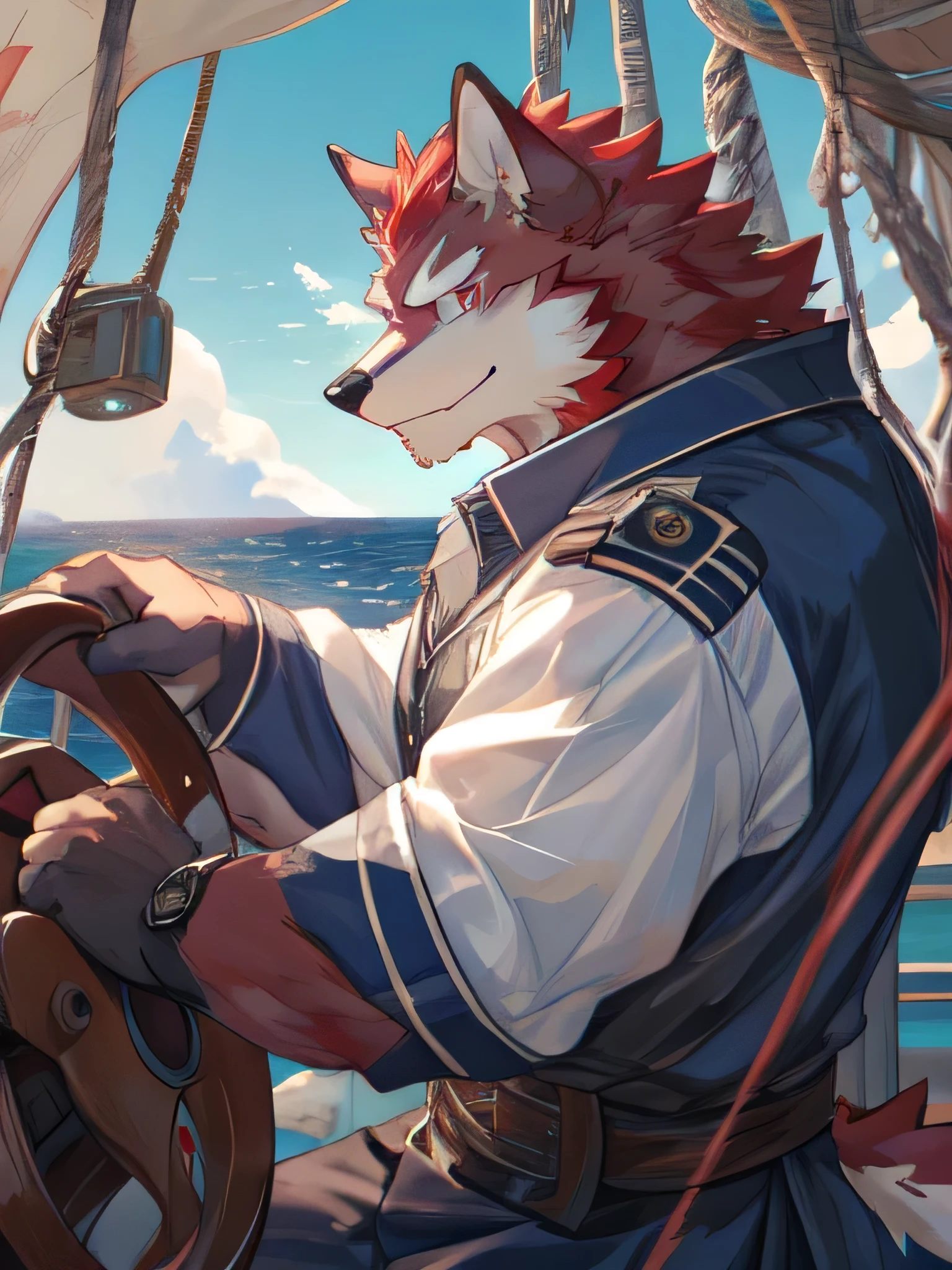 Best quality, diederich olsen (/knights college/), wolf, kemono, nj5furry, Red Fur, Red eyes, Medium Muscular Body, Solo, A sailor, steering at the helm, looking at ocean waves, smile, Fierce eyes, full body,